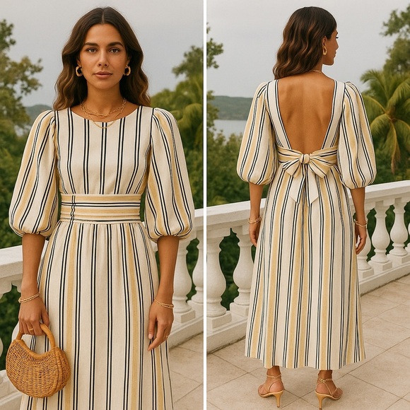 NWT VRG GRL Tularosa Linen Midi Dress in Apricot Spritz Stripe Yellow/Black 10 - Picture 11 of 15